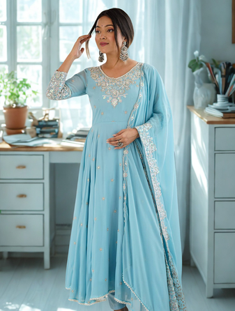 Blue Heavy Embroidery Rainbow Sequence with Moti Work Anarkali 3pc Set