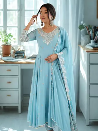 Blue Heavy Embroidery Rainbow Sequence with Moti Work Anarkali 3pc Set