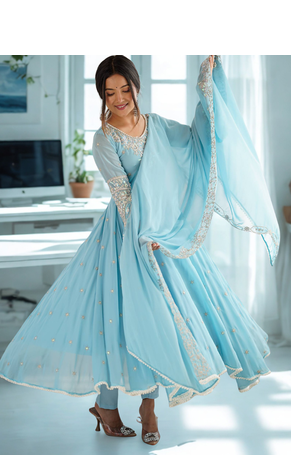 Blue Heavy Embroidery Rainbow Sequence with Moti Work Anarkali 3pc Set 2
