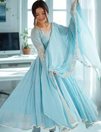 Blue Heavy Embroidery Rainbow Sequence with Moti Work Anarkali 3pc Set