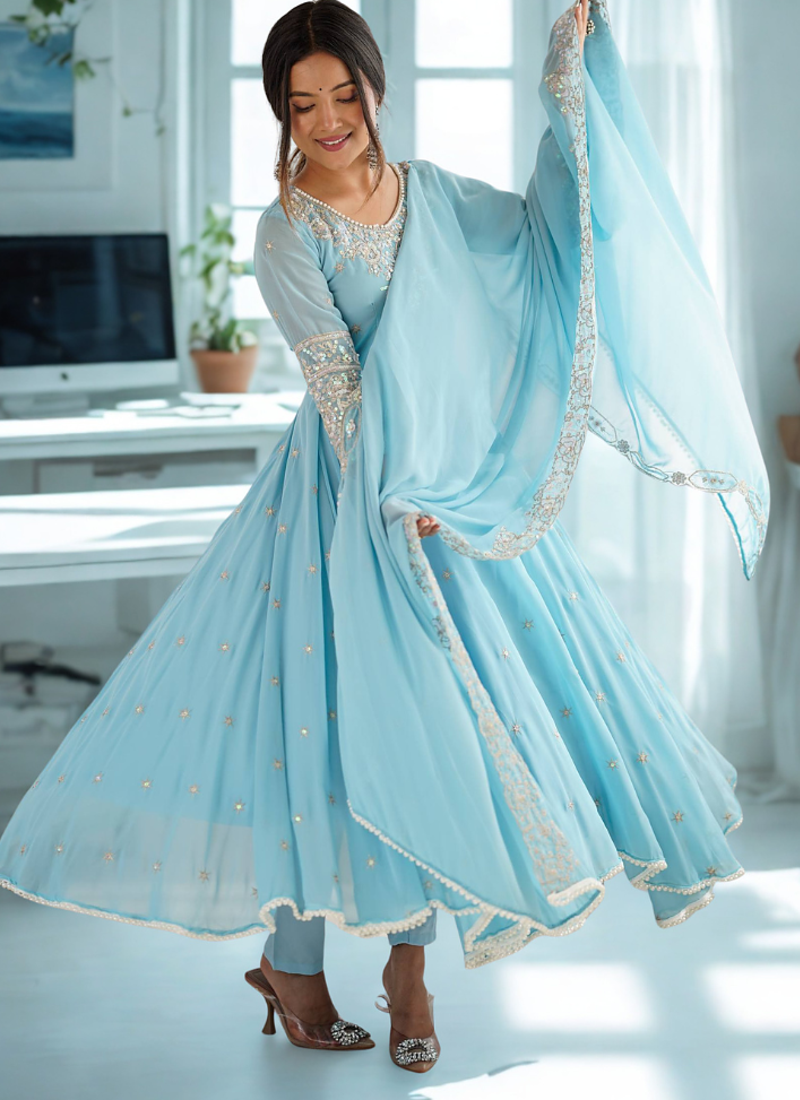 Blue Heavy Embroidery Rainbow Sequence with Moti Work Anarkali 3pc Set