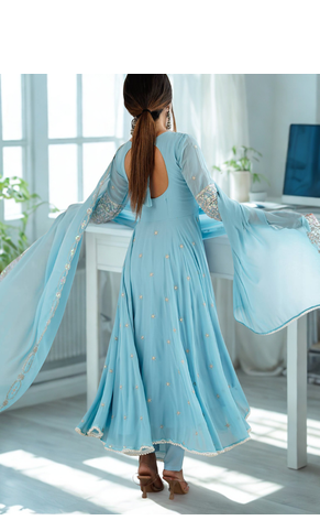 Blue Heavy Embroidery Rainbow Sequence with Moti Work Anarkali 3pc Set 3