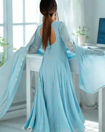 Blue Heavy Embroidery Rainbow Sequence with Moti Work Anarkali 3pc Set