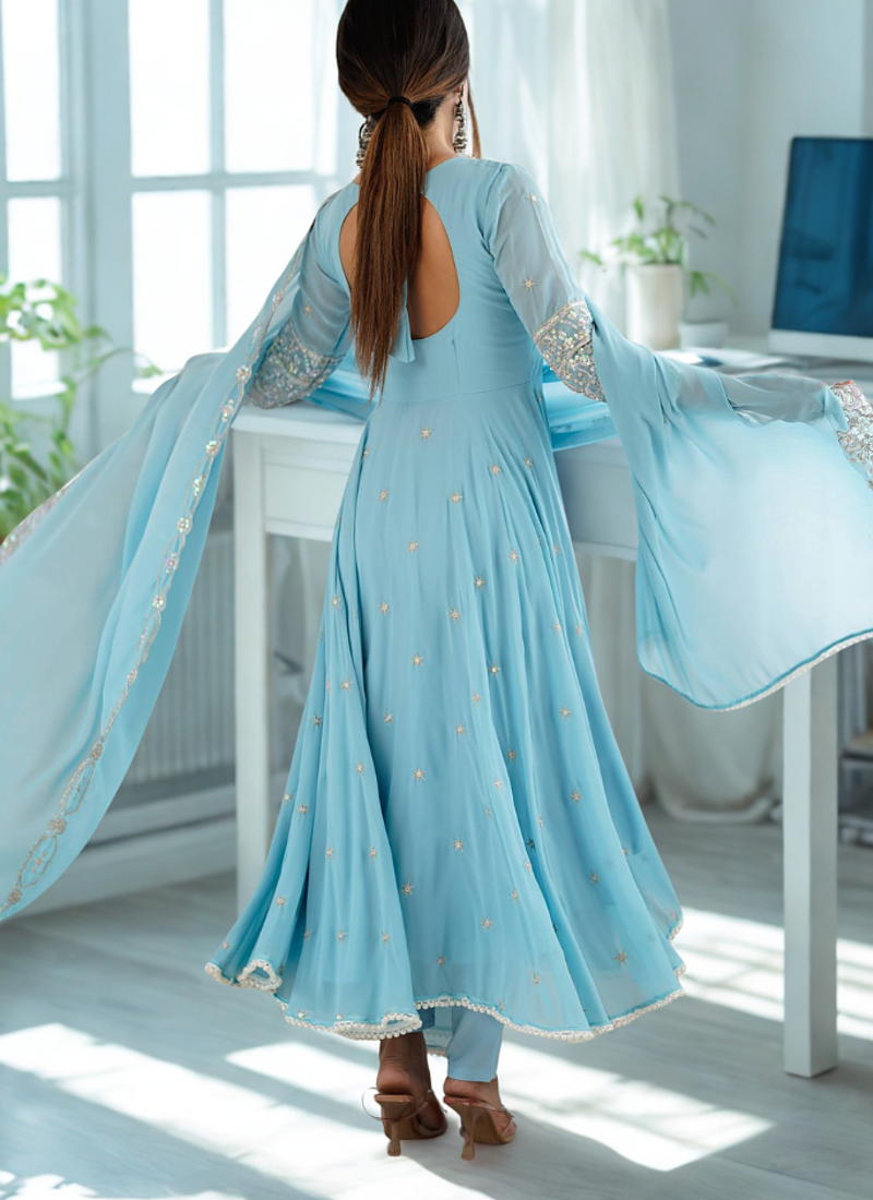 Blue Heavy Embroidery Rainbow Sequence with Moti Work Anarkali 3pc Set