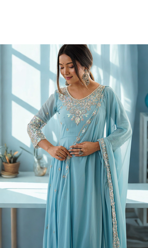 Blue Heavy Embroidery Rainbow Sequence with Moti Work Anarkali 3pc Set 4