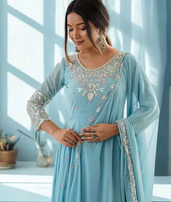 Blue Heavy Embroidery Rainbow Sequence with Moti Work Anarkali 3pc Set