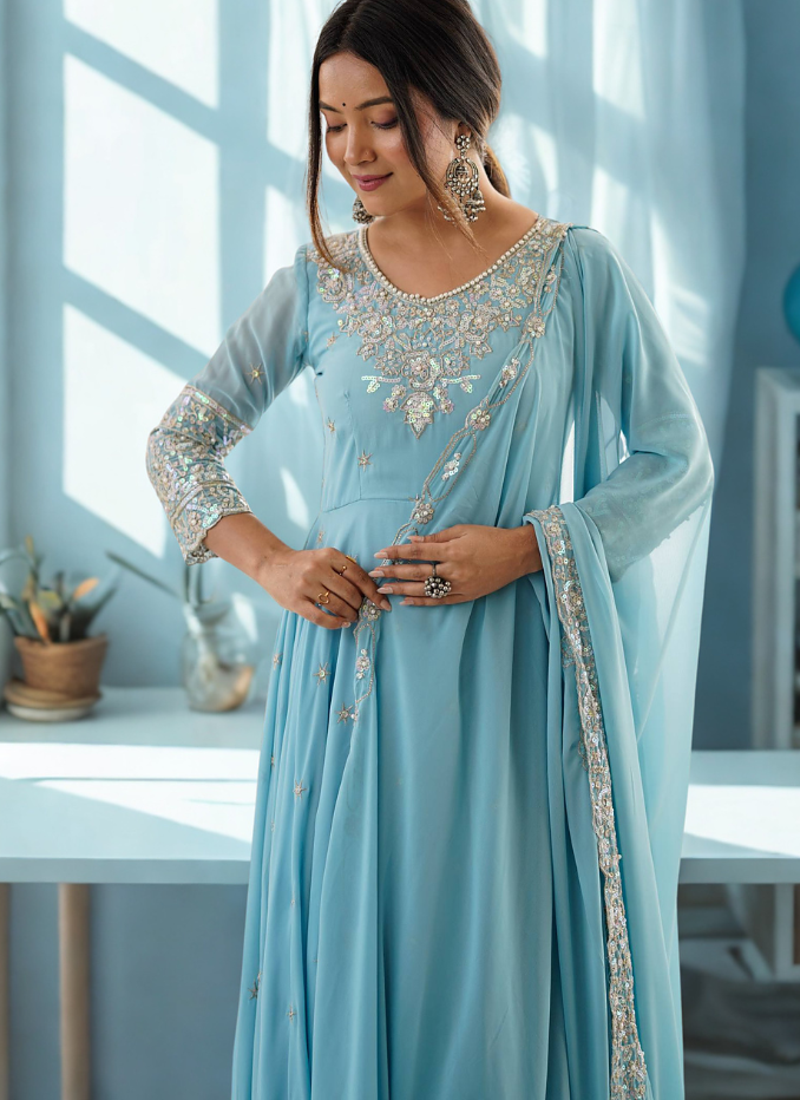 Blue Heavy Embroidery Rainbow Sequence with Moti Work Anarkali 3pc Set