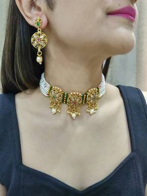 gold studded choker necklace set with matching earrings 1
