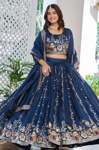 Blue Color Embroidery Sequence with Thared Work Silk Lahenga Choli Set