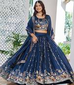 Blue Color Embroidery Sequence with Thared Work Silk Lahenga Choli Set