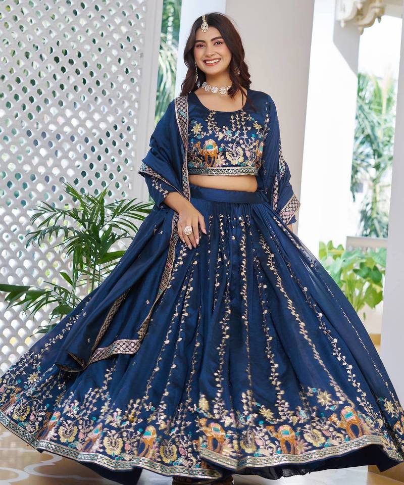 Blue Color Embroidery Sequence with Thared Work Silk Lahenga Choli Set