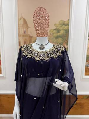 navy blue embroidery,real mirror & pearls work faux georgette pre draped saree 2