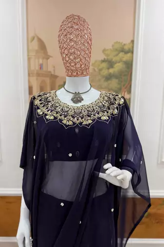 Navy Blue Color Embroidery,Real Mirror & Pearls Work Faux Georgette Ready To Wear Saree