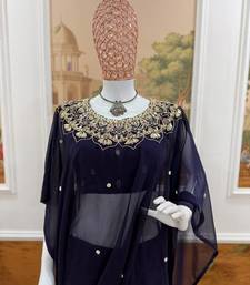 Navy Blue Color Embroidery,Real Mirror & Pearls Work Faux Georgette Ready To Wear Saree
