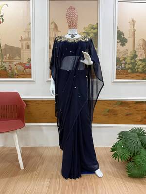 navy blue embroidery,real mirror & pearls work faux georgette pre draped saree 1
