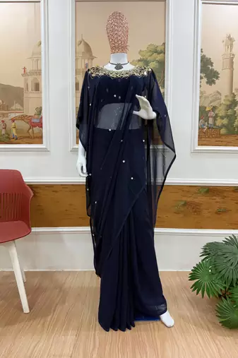 Navy Blue Color Embroidery,Real Mirror & Pearls Work Faux Georgette Ready To Wear Saree