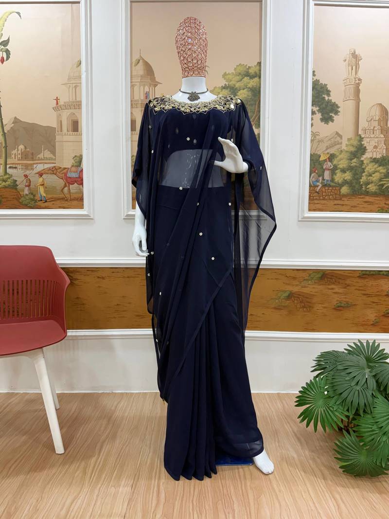 Navy Blue Color Embroidery,Real Mirror & Pearls Work Faux Georgette Ready To Wear Saree