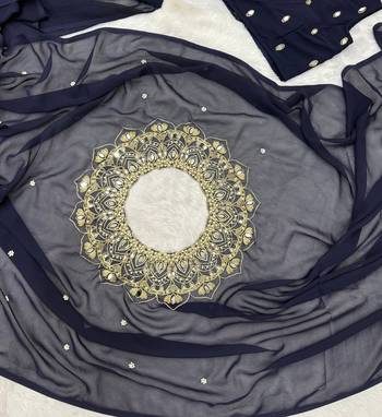 navy blue embroidery,real mirror & pearls work faux georgette pre draped saree 3