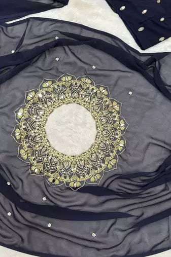 Navy Blue Color Embroidery,Real Mirror & Pearls Work Faux Georgette Ready To Wear Saree