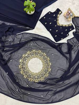 navy blue embroidery,real mirror & pearls work faux georgette pre draped saree 4