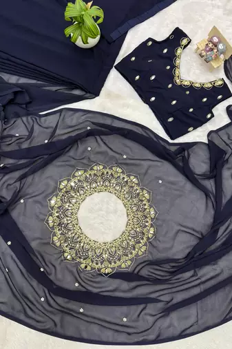 Navy Blue Color Embroidery,Real Mirror & Pearls Work Faux Georgette Ready To Wear Saree