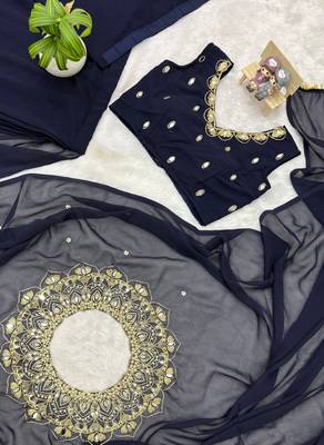 navy blue embroidery,real mirror & pearls work faux georgette pre draped saree 5