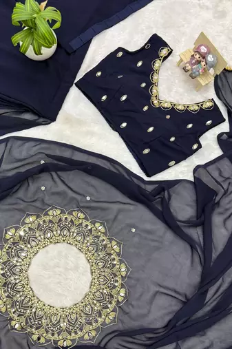 Navy Blue Color Embroidery,Real Mirror & Pearls Work Faux Georgette Ready To Wear Saree