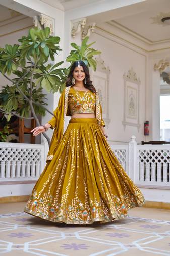 Yellow Color Embroidery Sequence with Thared Work Silk Lahenga Choli Set