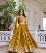 Yellow Color Embroidery Sequence with Thared Work Silk Lahenga Choli Set