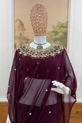 Plum Color Embroidery,Real Mirror & Pearls Work Faux Georgette Ready To Wear Saree
