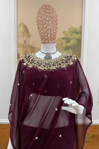 Plum Color Embroidery,Real Mirror & Pearls Work Faux Georgette Ready To Wear Saree