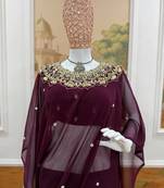 Plum Color Embroidery,Real Mirror & Pearls Work Faux Georgette Ready To Wear Saree