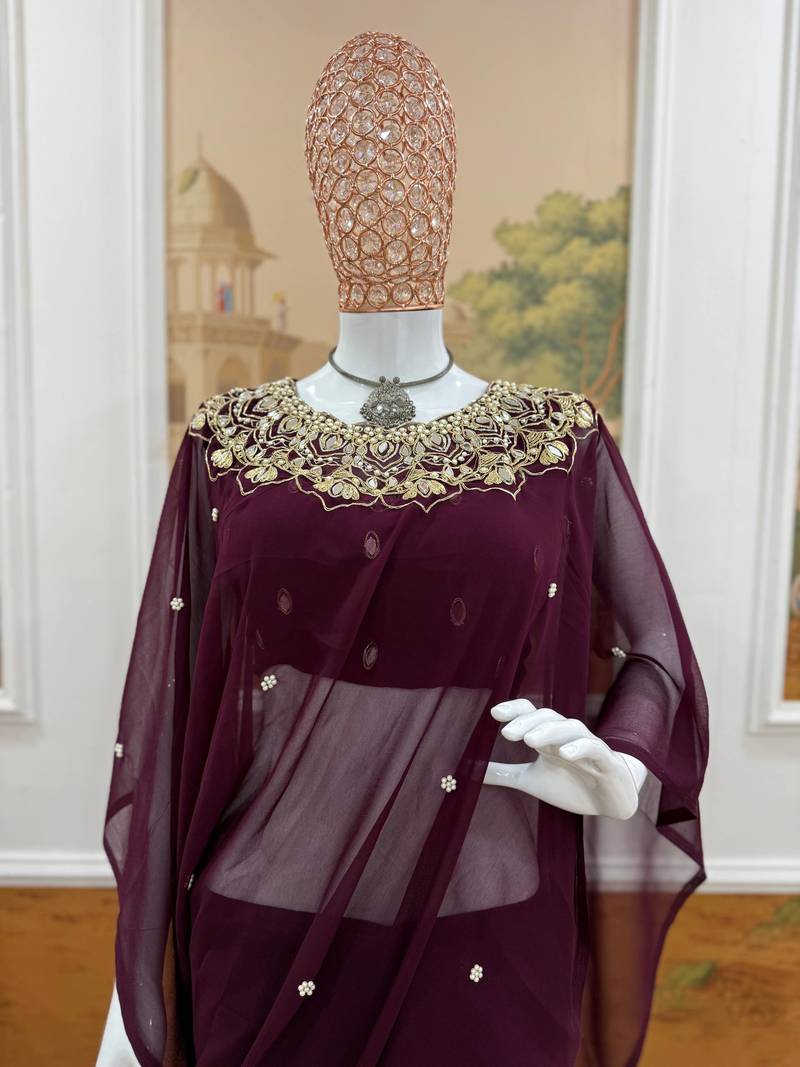 Plum Color Embroidery,Real Mirror & Pearls Work Faux Georgette Ready To Wear Saree