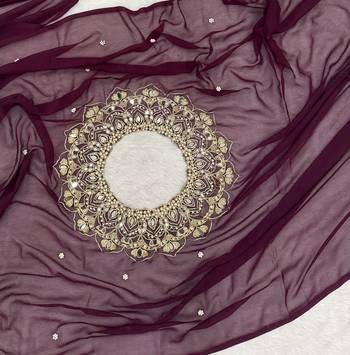 plum embroidery,real mirror & pearls work faux georgette ready made saree 3