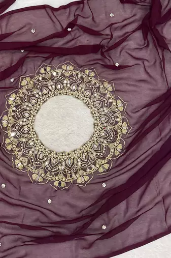 Plum Color Embroidery,Real Mirror & Pearls Work Faux Georgette Ready To Wear Saree