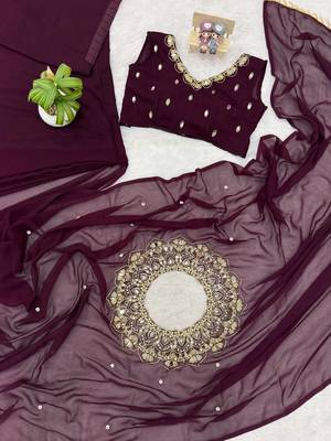 plum embroidery,real mirror & pearls work faux georgette ready made saree 4