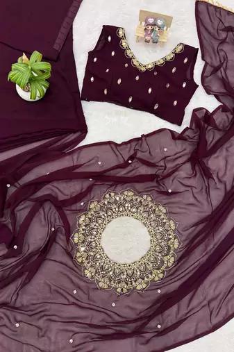 Plum Color Embroidery,Real Mirror & Pearls Work Faux Georgette Ready To Wear Saree