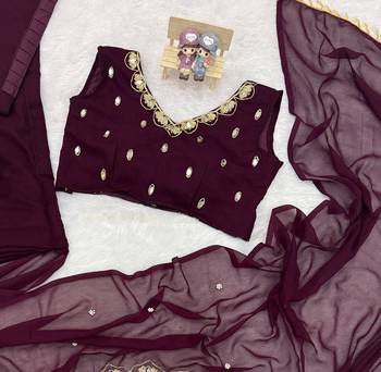 plum embroidery,real mirror & pearls work faux georgette ready made saree 5
