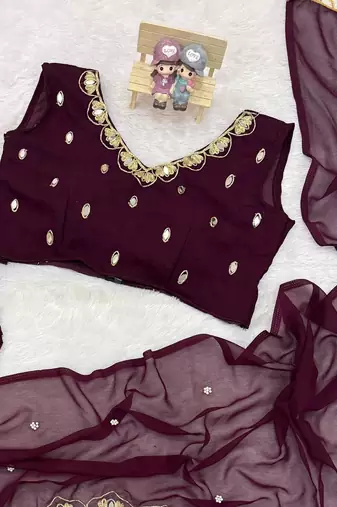 Plum Color Embroidery,Real Mirror & Pearls Work Faux Georgette Ready To Wear Saree