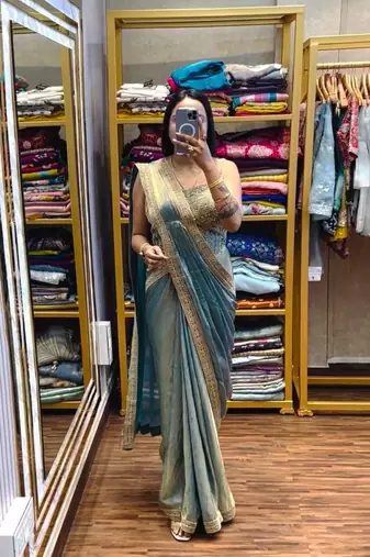 Sky Blue Color Embroidery Lace Border Work Satin Ready To Wear Saree