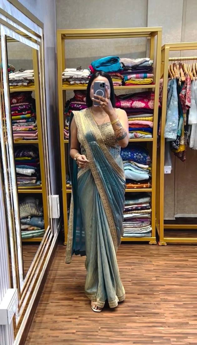 Sky Blue Color Embroidery Lace Border Work Satin Ready To Wear Saree
