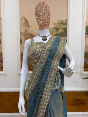 sky blue embroidery lace border work satin pre-stitched saree 2