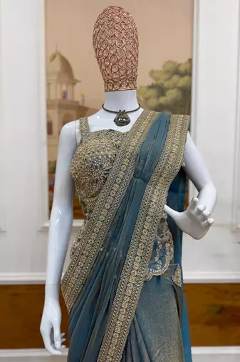 sky blue embroidery lace border work satin pre-stitched saree
