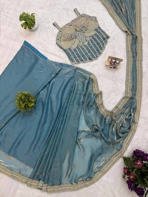 sky blue embroidery lace border work satin pre-stitched saree 4