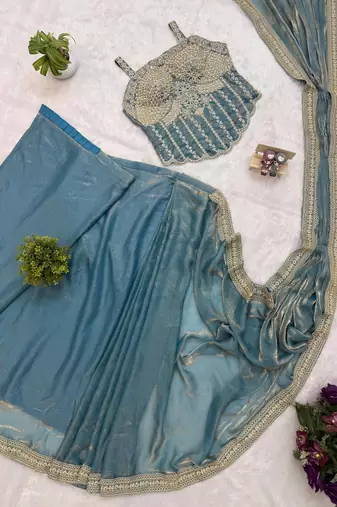 sky blue embroidery lace border work satin pre-stitched saree