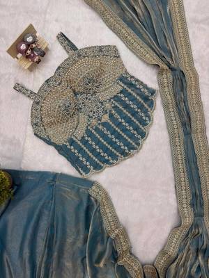 sky blue embroidery lace border work satin pre-stitched saree 5