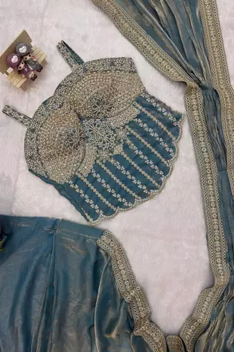 sky blue embroidery lace border work satin pre-stitched saree
