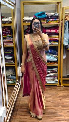 dark peach embroidery lace border work satin ready to wear saree 1