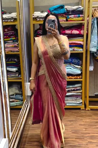 Dark Peach Color Embroidery Lace Border Work Satin Ready To Wear Saree