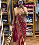 Dark Peach Color Embroidery Lace Border Work Satin Ready To Wear Saree